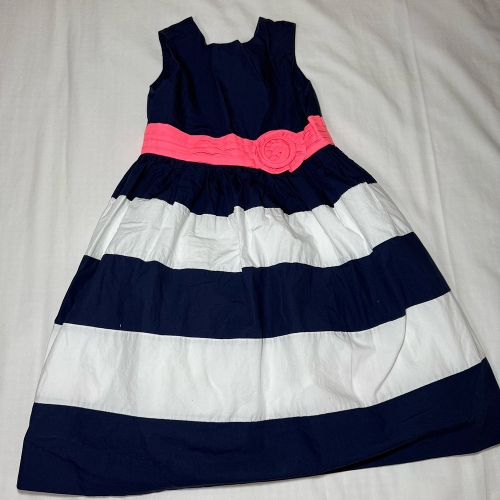 Hartstrings Boutique Girls Size 8 Blue White Stripes Pink Flower Nautical Cotton